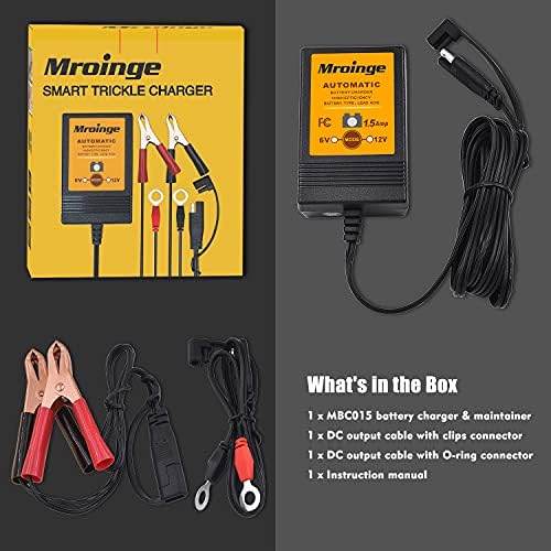 Smart Battery Charger, Mroinge 6V / 12V 1.5A Fully Automatic Trickle Charger/Maintainer for Motorcycle, ATV, Lawnmowers and More