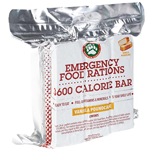 Grizzly Gear Emergency Food Rations- 3600 Calorie Bar (Vanilla Poundcake) - 3 Day, 72 Hour Ready To Eat Supply For Disaster, Hurricane, Flood Preparedness - Non Thirst Provoking - 5 Year Shelf Life