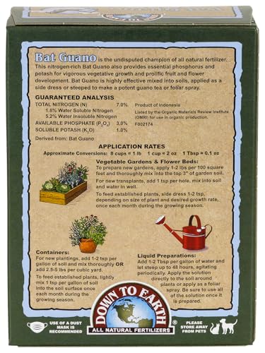 Down To Earth All Natural Fertilizers Organic Bat Guano - 7-3-1, 0.25 lb | High Nitrogen Plant Food for Rapid Vegetative Growth, Fast-Acting in Vegetable Gardens, Flower Gardens