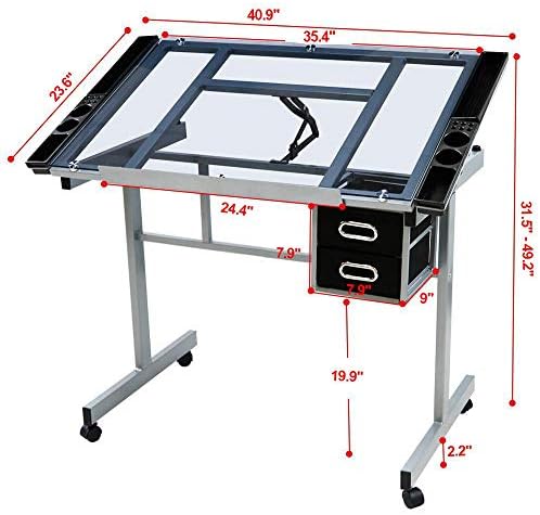 Topeakmart Glass Drafting Table Rolling Drawing Desk Artists Art Craft Desk w/2 Slide Drawers and Wheels for Home Office School