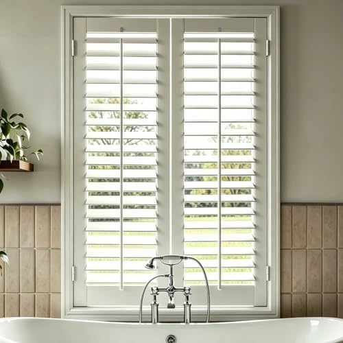 Plantation Shutters for Interior Windows with Front Tilt Faux Wood | Custom Made for Interior/Inside Window of Bathroom, Kitchen, Livingroom, Bedroom