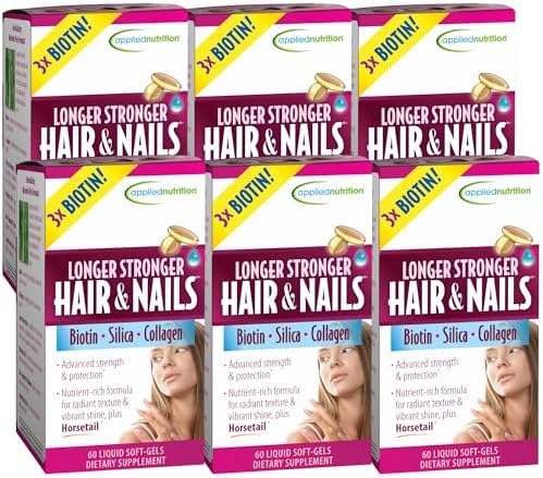 Applied Nutrition Longer Stronger Hair & Nails - 60 Liquid Soft-Gels, Pack of 6 - Biotin, Silica & Collagen - 180 Servings | Biotin | Silica & Collagen | Hair & Nail Support | 6 X 60 Softgels