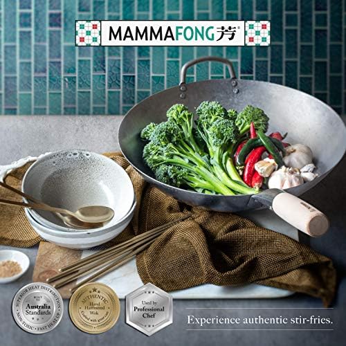 Flat Bottom Carbon Steel Wok Pan - Authentic Hand Hammered Woks and Stir Fry Pans - 14" Pow Wok