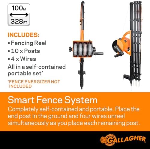 Gallagher Smart Fence 2 Portable Electric Fence for Livestock | 328ft of 4-Strand Electric Fencing, Built-In Posts and Reels