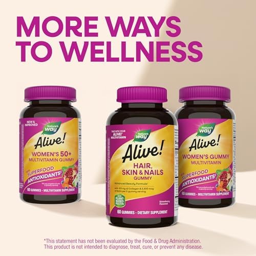 Nature's Way Alive! Hair, Skin & Nails Gummies with Collagen & Biotin,60 ct | Advanced Beauty Formula Supplement with Antioxidant Vitamins C & E*, 100 mg Collagen, 2,500 mcg Biotin, Strawberry Gummy
