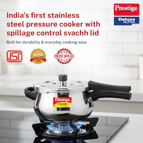 Prestige Deluxe Alpha Svachh Stainless Steel Pressure Cooker with Alpha Base and Deep Lid for Spillage Control, (4.0 L Junior Handi)