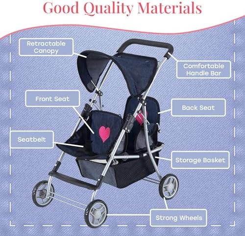 My First Doll Twin Stroller - Cutest Heart Design Doll Twins Stroller - Great Toy Gift for Girls