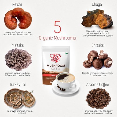 Tiger Organic 5 Mushroom Instant Coffee – 30 Servings with 100% Arabica | Immune System Booster, Reishi, Maitake, Shiitake