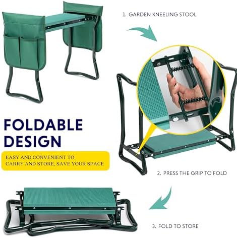 iPower Garden Kneeler and Seat Foldable Kneeling Bench with Sturdy Soft EVA Foam Pad for Outdoor, Fishing, Camping, 2 Tool Pouches Included, Green