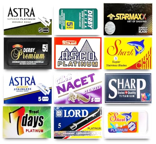 Razor Blades Club Astra-Derby-Shark-Starmaxx-Sharp-Lord 60 Quality Double Edge Razor Blades Sampler (12 different brands)