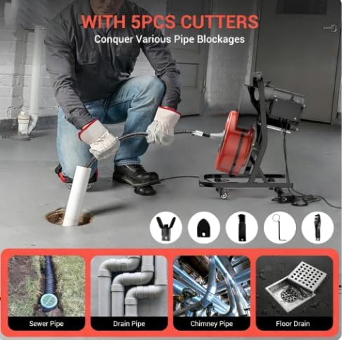 100Ft 3/4 Inch Drain Cleaning Machine. Sewer Snake 750w Auto Feed | Portable Drain Cleaning Machine Electric Drain Auger Sewer Auger with 6 Cutter Air-Activated Foot Switch for 4" to 8" Pipes