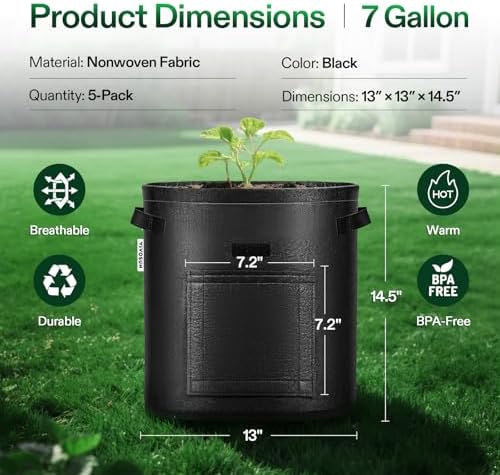 VIVOSUN 5-Pack 7 Gallon Potato Grow Bags, Roll-up Harvest Window
