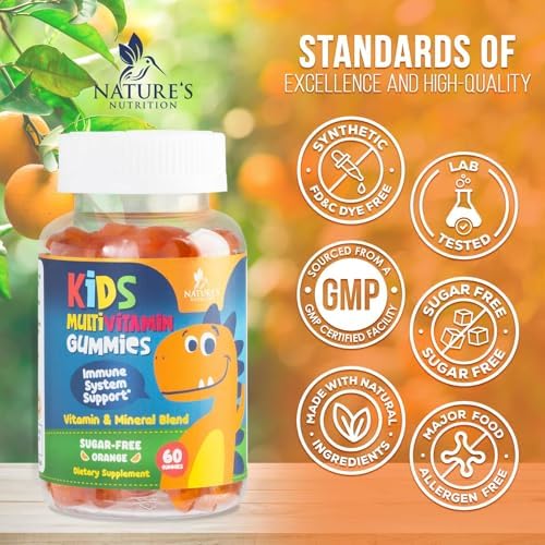 Kids Multivitamin Gummies - Sugar Free - Tasty Orange Flavor Gummy - Daily Immune Support with 100% Vitamin B12 - Essential Vitamins A, C, D3, E, B6