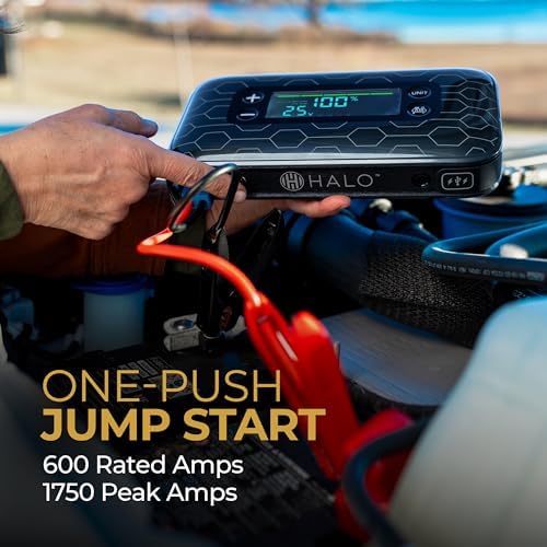HALO BOLT AIR+ 1750A Jump Starter, AIR Compressor, Power Bank, Blue | 130 PSI air compressor, 59.9Wh power bank, large display, LED light. Jumps cars, SUVs & trucks