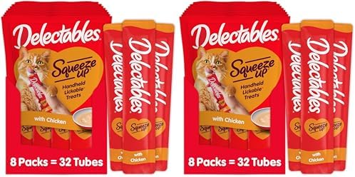 Delectables Squeeze Up Creamy Squeezable Puree, Lickable Wet Cat Treats, Grain Free, No Added Fillers, No By-Products, No Added Preservatives, 0.5 Ounces Tube Chicken Flavor, 32 Tubes Total