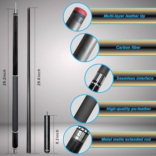 HomeSeason 58inch Carbon Fiber Pool Cue Stick with Screw-in Extension and Leather Case, 18oz Low Deflection Professional Cue Stick for Billiards, 13mm Tip
