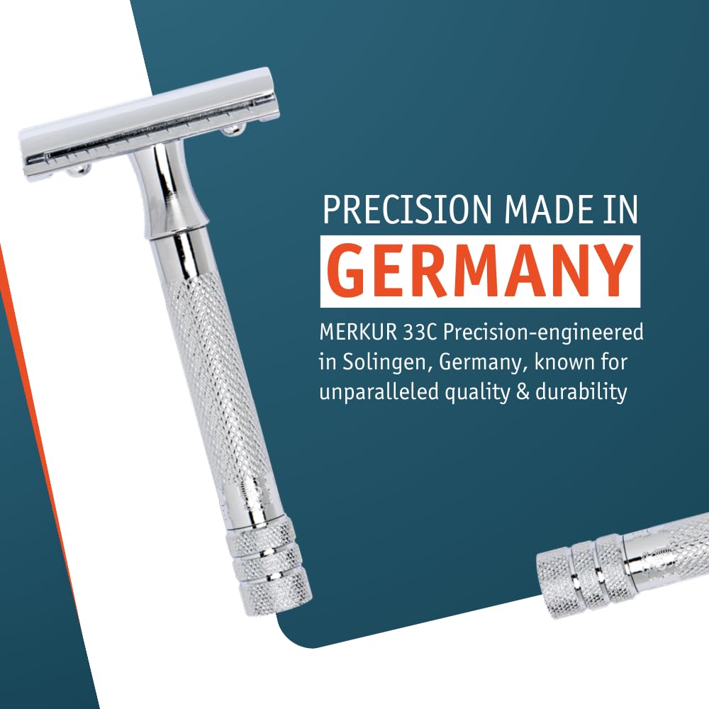 MERKUR 23C Double Edge Safety Razor - Polished Chrome, Long Knurled Brass Handle, Made in Germany, Plastic-Free, Three Piece Design, Closed Comb, Straight Bar