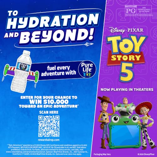 Pure Life Purified Bottled Water, 15 Pack - Still Drinking Water Enhanced with Minerals for a Crisp Taste - 16.9 Fl Oz - Toy Story 5 Packaging Graphics