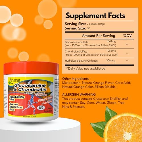 Arymar Glucosamine Chandroitin Powder (1500mg/1200mg) - Joint Health Support Supplement - Helps Maintain Mobility & Flexibility - High Absorption Formula - 300g (10.5 oz)
