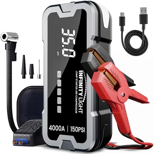 4000A Jump Starter 150 PSI Air Compressor Tire Inflator Cordless Air Pump, 12V Portable Car Battery Booster, LED Display, 12000mAh Power Bank