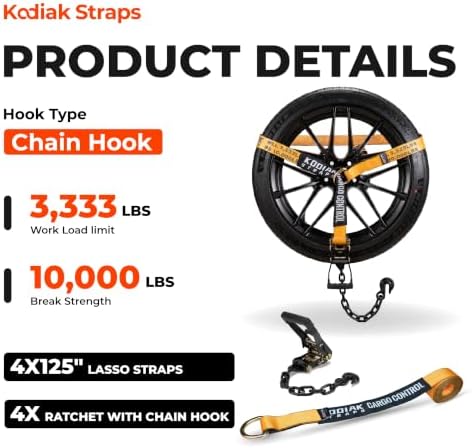 Adjustable Vehicle Tire Tie Down Straps Kit– 4pk Heavy Duty Tire Straps with Snap Hooks 10