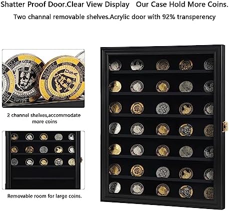 Jinchuan Military Challenge Coin Display Case Lockable Cabinet Rack Holder Shadow Box with Removable 2 Grooves Shelves and Anti Dust Door for Casino