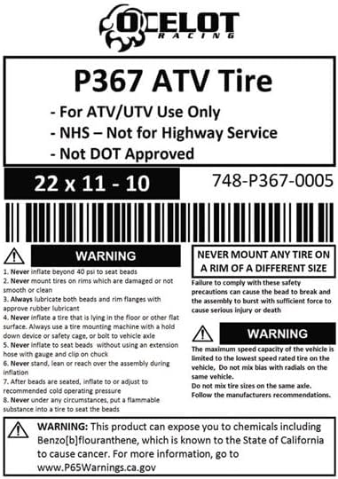 Long Mileage Sport ATV and UTV Trail Wolf Style Tread 22X11-10 P367