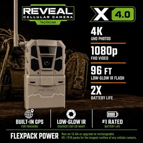 TACTACAM Reveal X 4.0 Cellular Trail Camera + FlexPack R5 + Solar R5 (2PK) | Power Bundle – Night Vision, Waterproof, 4K Photo, 1080p Video