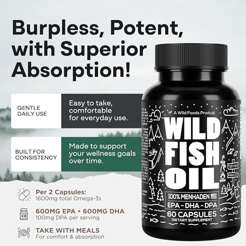 Wild Foods Fish Oil Omega 3 Supplements, 1600mg EPA DHA DPA, 60 Capsules | Burpless, Odorless, Non-GMO, Gluten Free, Supports Brain, Heart & Joint Health, 30 Servings, 1 Pack, Worldwide Sourced