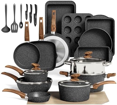 MAISON ARTS 30 Piece Pots and Pans Set, Kitchen Cookware Sets Non Stick | Induction Compatible, PFOA & PFOS Free, Bakeware Sets with Baking Tray, Frying Pan and Saucepan, Green
