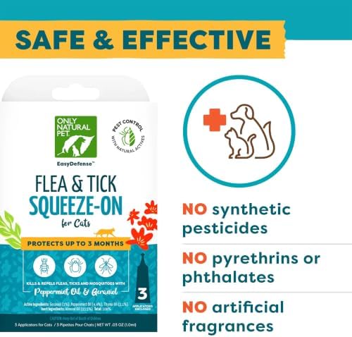 Only Natural Pet Flea and Tick Prevention for Cats - EasyDefense Flea Remedy - Natural Flea Care Control Squeeze-On Drops - Three Months Supply (1-Pack)