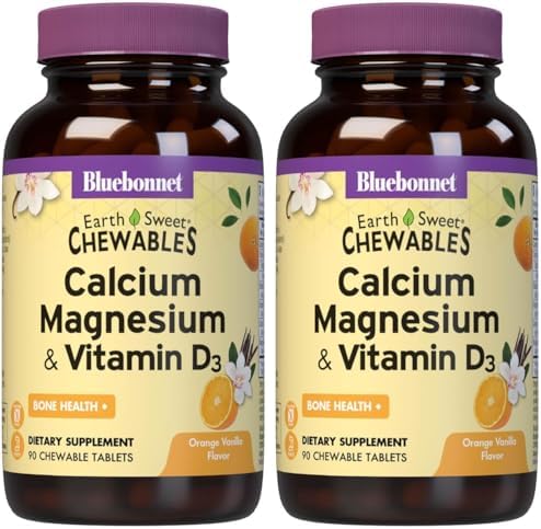 Bluebonnet Nutrition Calcium Magnesium Plus Vitamin D3 Earthsweet, Bone Health & Muscle Relaxation, Soy-Free, Gluten-Free, Kosher Certified, Dairy-Free, 90 Vanilla Flavored Chewable Tablets | Bone Health; Kosher Certified, Gluten-Free, Soy-Free, Dairy-Fr…