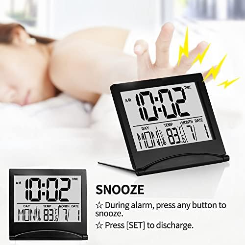 Betus Digital Travel Alarm Clock - Foldable Calendar Temperature Timer LCD Clock with Snooze Mode - Large Number Display, Battery Operated - Compact Desk Clock(Silver, No Backlight)
