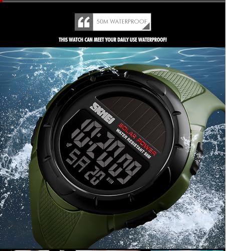 Gosasa Men's Outdoor Sports Multifunction Solar Power LED Digital Watches 50M Water Resistant (Black)