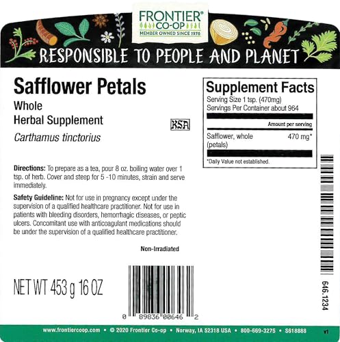 Frontier Co-op Safflower Petals Whole, Kosher | 1 lb. Bulk Bag | Carthamus tinctorius L.