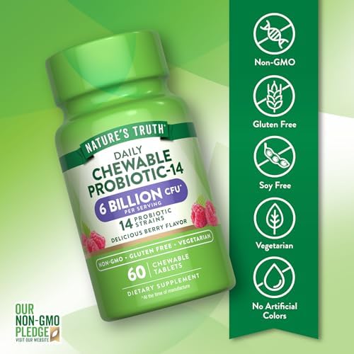 Nature's Truth Probiotic Chewable for Men and Women | 6 Billion CFU | 60 Count | 14 Strains | Berry Flavor | Vegetarian, Non-GMO & Gluten Free