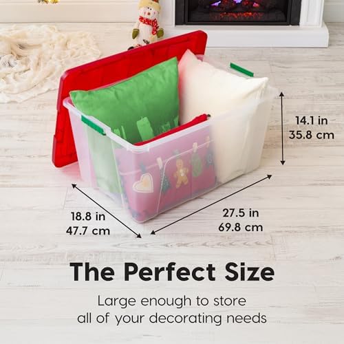 IRIS USA 2-Pack Holiday Ornament Storage Box with Attached Lid, Clear/Red