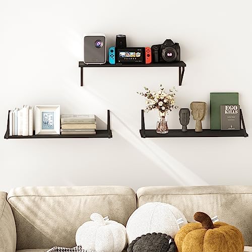 BAMEOS Floating Shelves Rustic Wood Wall Shelf, Small Bookshelf for Living Room, Office, Bedroom, with Metal Bracket