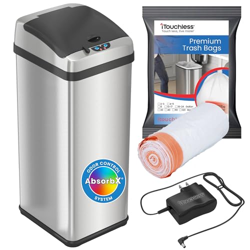 iTouchless Touchless Trash Can with AC Adapter, 3 Odor Filters Big Lid Opening Sensor Kitchen Garbage Bin, 13 Gallon, Stainless Steel, Platinum
