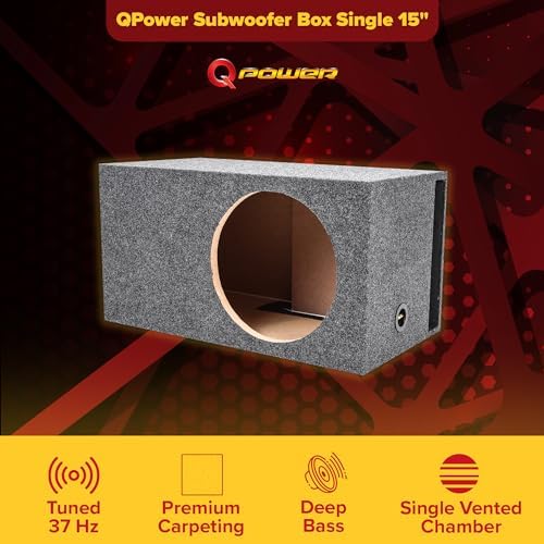 QPower 15 Inch Heavy-Duty Single Vented Carpet Covered Durable Car Audio Vehicle Subwoofer Enclosure Woofer Box, Charcoal Gray
