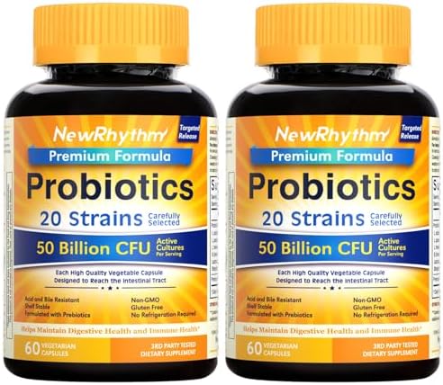 NewRhythm Probiotics 50 Billion CFU 20 Strains, 60 Veggie Capsules, Targeted Release Technology, Stomach Acid Resistant, No Need for Refrigeration, Non-GMO, Gluten Free