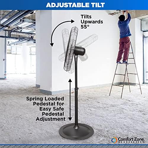 Comfort Zone Industrial Pedestal Fan, 30 inch, 3 Speed, High Velocity, Adjustable Height 56” to 76”, Metal, Meets OSHA Standards