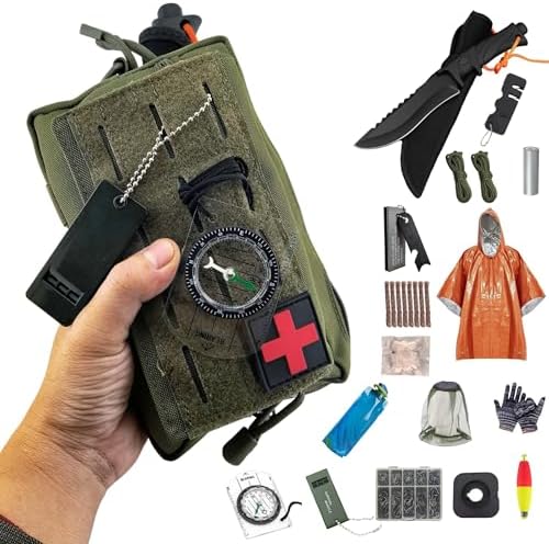 Camping Survival Kit, All in One Outdoor Emergency Gear with Knife, Fire Starter, Fishing Kit, Water Pouch & Compass for Hiking Backpacking Bushcraft Gift for Him