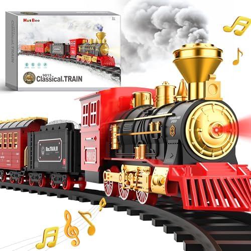 Hot Bee Train Set, Train Toys with Smoke, Lights, Sound and Train Tracks