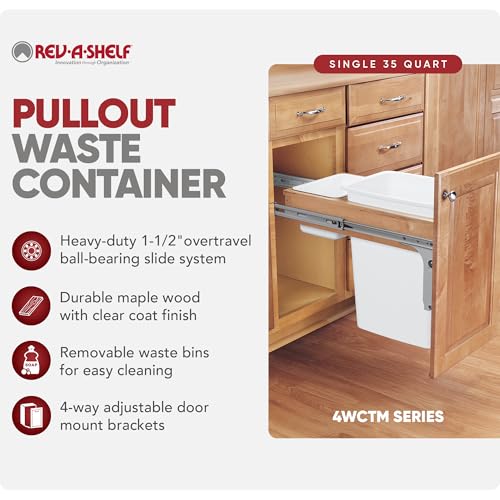 Rev-A-Shelf 35 Qt Top Mount Double Pullout Under Cabinet Kitchen Trash Cans for Base Cabinets, 150 Pound Rated Full-Extension Slides, Min Opening Width of 14.75", White, 4WCTM-18DM2-162