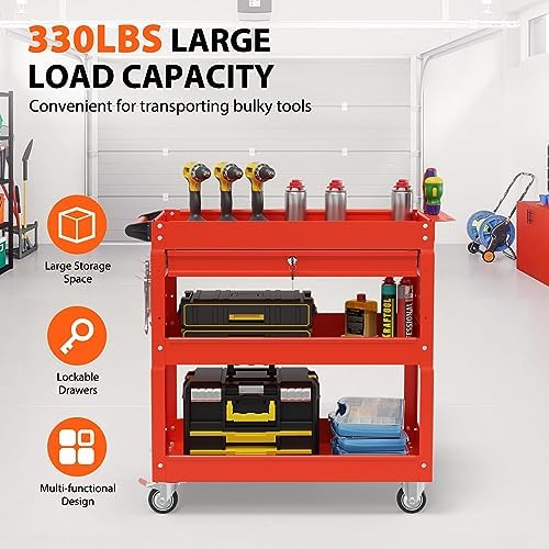 3-Tier Heavy Duty Utility Cart on Wheels, Rolling Tool Cart on Wheels with a Drawer, 350 Lbs Load Capacity Service Cart for Warehous, Garage and Repair Shop (Black)