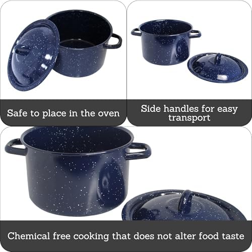 IMUSA USA C20666-1062810W Speckled Enamel Stock Pot with Lid, 4 Quart, Blue | Speckled Enamel Finish, Durable Steel Construction, Ideal for Soups and Stews, Great for Everyday Family Meals
