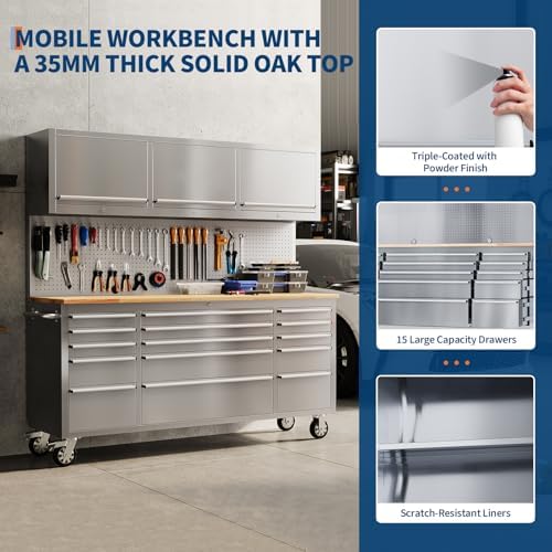 72" Heavy-Duty Rolling Tool Chest & Workbench with 15 Drawers, Steel Rubber Wood Top on Wheels, Key Locking System, Drawer Liners for Garage Warehouse Repair Shop, Black Storage Cabinet.