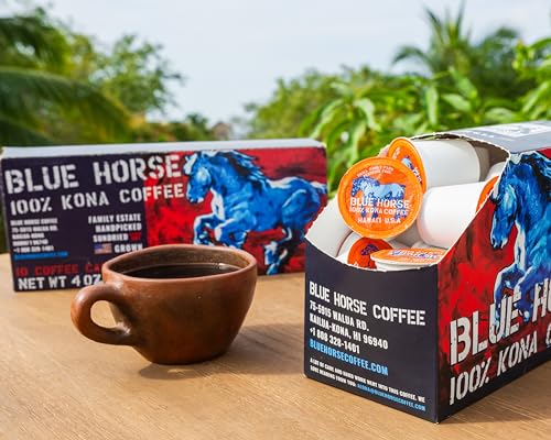 Blue Horse 100% Kona Coffee Pods, Medium Roast, 10ct Single Serve, Compatible with K Cups 2.0, Farm Fresh, Authentic Arabica Beans from Hawaii’s Big Island with a Smooth, Rich Flavor