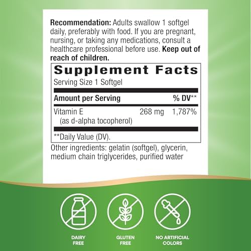 Nature's Way Vitamin E, D-Alpha Tocopherol, Essential Antioxidant, Helps Neutralize Free Radicals*, 268 mg per Serving, 100 Softgels (Packaging May Vary)